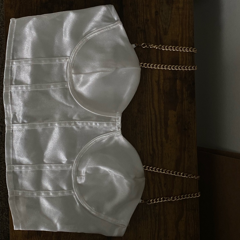 cropped white bustier corset top with chain straps